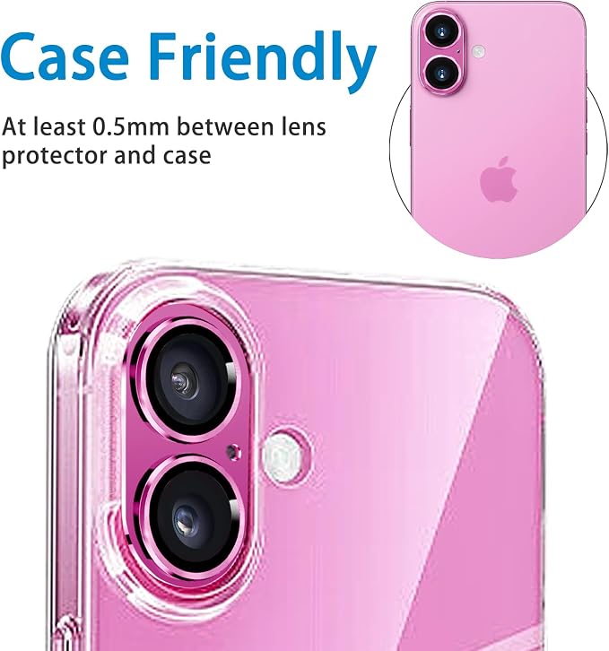 Compatible with iPhone 16 and 16 Plus Camera Lens Protector, Anti-Scratch Tempered Glass Metal Camera Screen Protector Shockproof Full Protective Lens Cover, Pink - Image 6