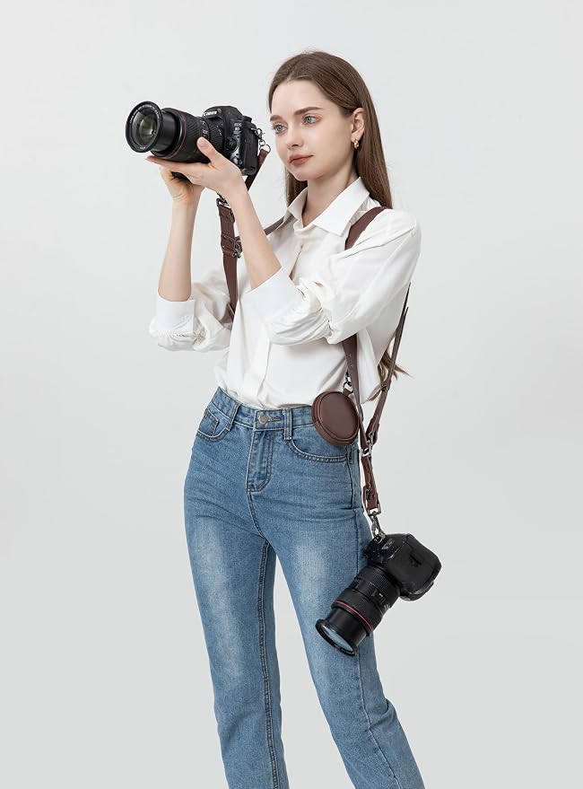 Dual Camera Harness Leather Camera Straps for Photographers for DSLR/SLR | Camera Holster Camera Harness for Photographers Leather Harness Camera Belt Spider Holster Camera Belt Camera Neck Strap - Image 2