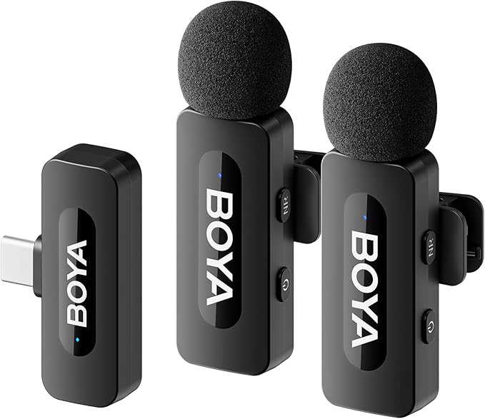 BOYA BY-V20 USB-C Wireless Microphone for Android Type-C,iPhone 16/15,328FT Los Range,9H Battery,Noise Reduction Mini Wireless Lavalier Lapel Mics for Interview YouTube TikTok(2TX+1RX) by BOYA