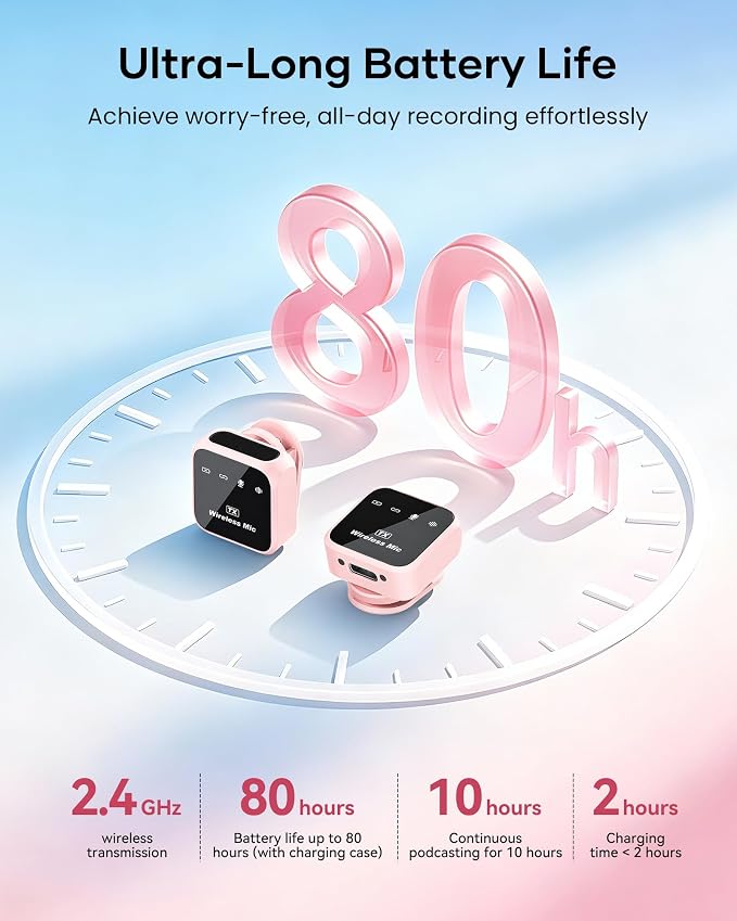 Wireless Lavalier Microphone for iPhone iPad Android with Charging Case 80h Battery Life, Noise Cancellation, 164ft Range Plug-Play Clip On Lapel Mic for YouTube, Video Recording, Vlog (Pink) - Image 6