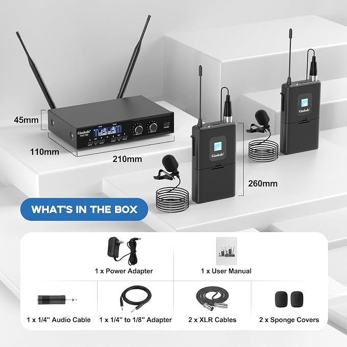Gimkuls Wireless Lavalier Microphone System, Dual UHF Cordless Lapel Mic Set with 2 Bodypacks, 200 Channels, 328ft Range, XLR/6.35mm Outputs for Church, Speaking, Teaching, Interview - Image 8
