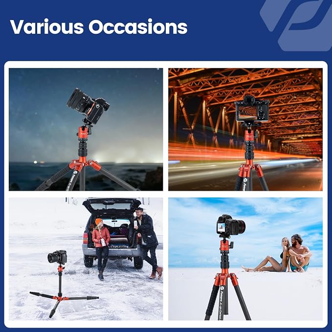 Fotopro 62" Carbon Fiber Travel Tripod, Lightweight Compact Camera Tripod with Ball Head, Detachable Monopod with Arca-Swiss Release Plate and Bag, Load up to 8KG/17.63lbs, Weighs only 2lb. Orange - Image 6