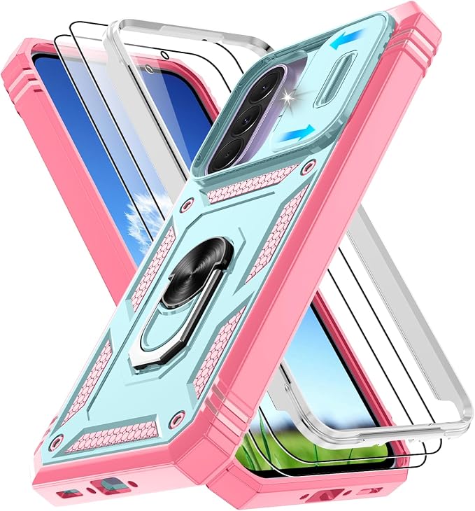 Gritup for Galaxy A37 5G Phone Case: Samsung A37 5G Case with 2*Screen Protector, Magnetic Stand & Slide Camera Cover, Shock Proof Military-Grade para Galaxy A 37 Phone Cover, Green+Pink by Gritup