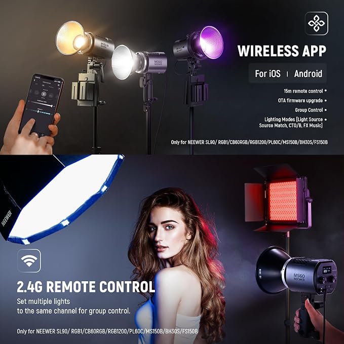 NEEWER MS60 LED Video Light with 2.4G/APP Control, 65W 5600K Daylight Mini COB Continuous Output Lighting, 40000lux/1m, CRI 97+/TLCI 98+, 9 Scenes, 0-100% PWM Dimming, Bowens Mount Adapter - Image 6