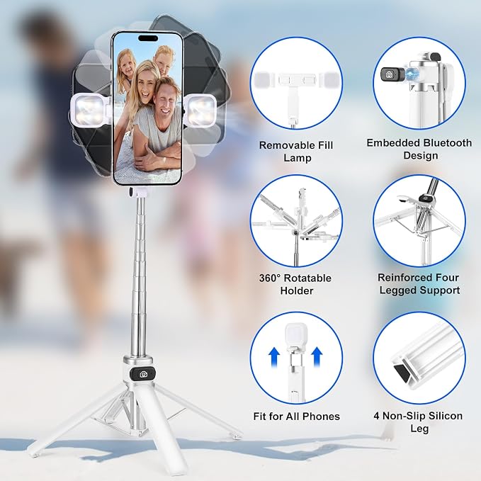 Mini Phone Tripod Stand,MQOUNY 38" Phone Tripod &Selfie Stick with Wireless Rechargeable Remote & Removable Light, Extendable Tripod Stand 360 Rotation Compatible with Phone&Android Samsung (White) - Image 2