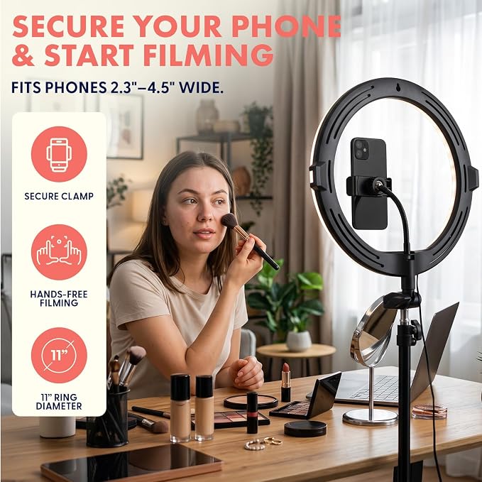 11’’ LED 12W Selfie Ring Light with Wired Control, 3 Color Modes, 10 Brightness Levels, Tripod Stand with 6 Sections, Phone Holder, Adjustable Brightness Levels for Influencers, YouTube, TikTok - Image 4