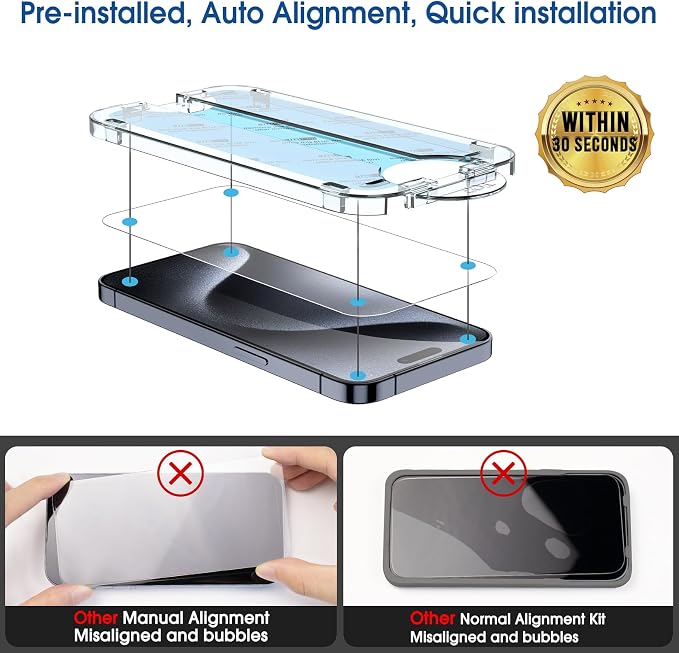 amFilm OneTouch for iPhone 15 Screen Protector 6.1'' Tempered Glass | Auto-Alignment, 30s Install, Bubble Free, Scratch & Drop Protection, HD Clear, Camera Lens Protector[2+2 Pack] (15-6.1'') - Image 3