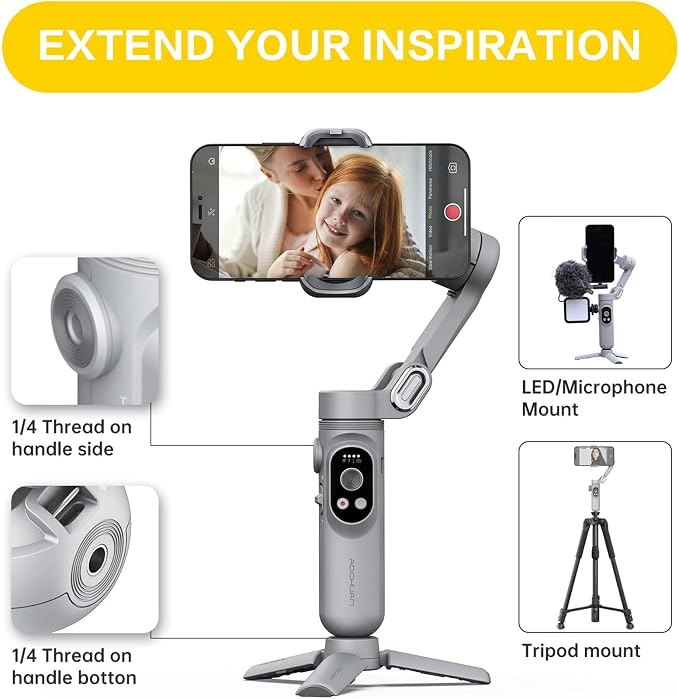 Gimbal Stabilizer for Smartphone w/LED Light Face Tracking Inception Timelapse Handheld Foldable 3-Axis Gimble for iPhone 15 14 13 12 11 Pro Max Android Galaxy S23 YouTube TikTok Vlog AOCHUAN Smart X - Image 5