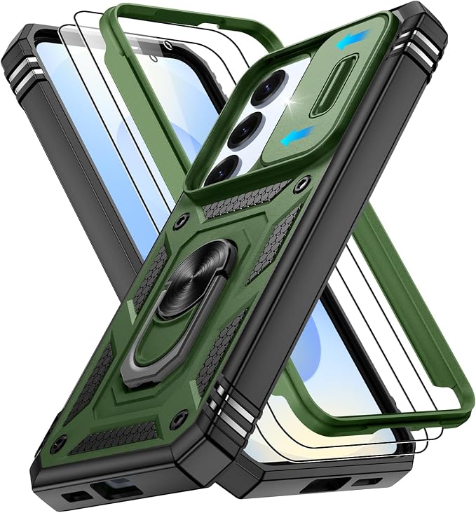 Gritup Fit for Samsung Galaxy S25 Case with Screen Protector*2, Build in 360° Rotating Ring Kickstand, Military Grade Protective Cover for S25 Phone, Green+Black by Gritup