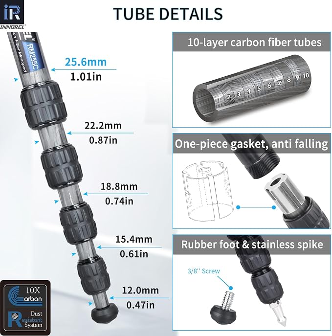 Carbon Fiber Camera Monopod INNOREL RM255C Professional Portable Compact Lightweight Travel 5-Section Monopod for Canon Nikon Sony DSLR Camera Video Camcorder DV Photography Bracket Load 15lbs/7kg - Image 3