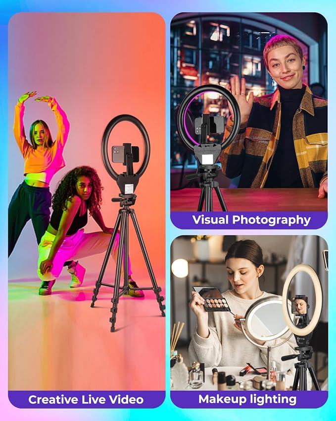 Sensyne 10'' RGB Ring Light with 50'' Extendable Tripod Stand, Circle Lights with Phone Holder for Live Stream/Makeup/YouTube Video/TikTok, Compatible with All Phones - Image 2