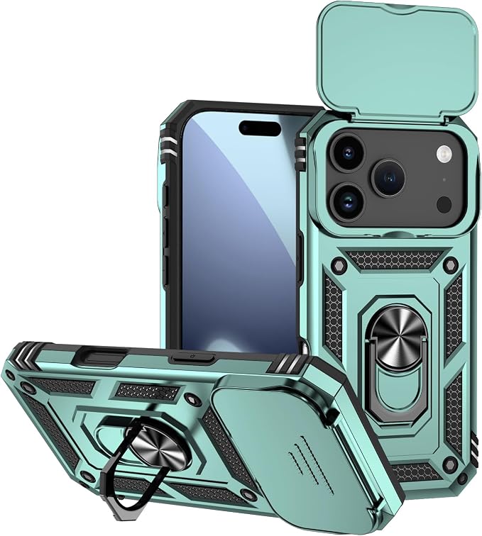 SunStory Phone Case for iPhone 17 Pro Case with HD Screen Protector & Slide Camera Cover & Rotated Ring Kickstand, [Military-Grade] Phone Case for iPhone 17 Pro, Green - Image 9