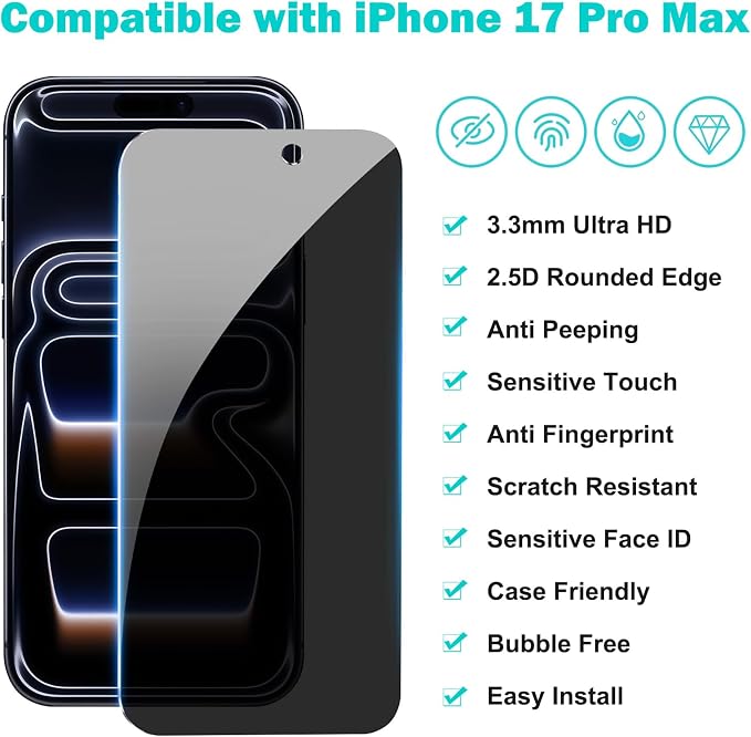 PEHAEL for iPhone 17 Pro Max Privacy Screen Protector+Camera Lens Protector | 3+3 Pack, Installation Frame, Cleaning kits, Anti-Spy Private, Anti-Scratch, 9H Tempered Glass, Case Friendly, [6.9 inch] - Image 2