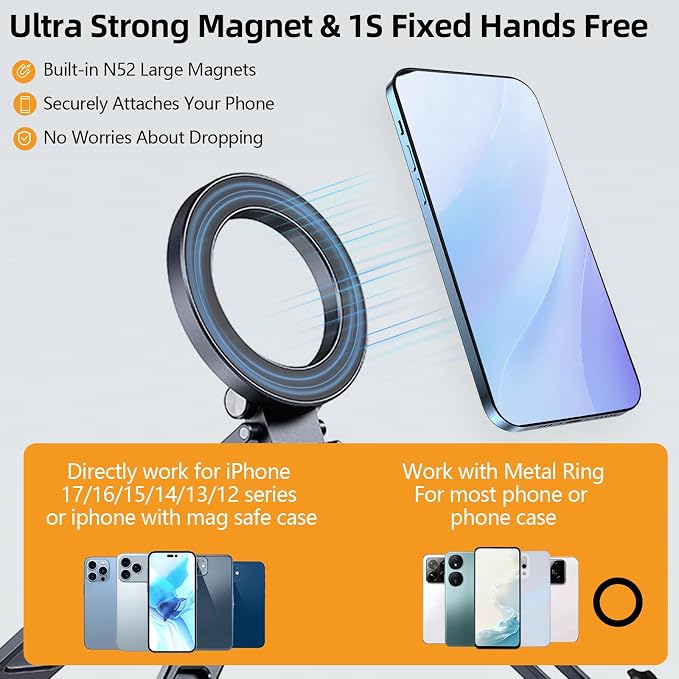 Magnetic Phone Tripod Stand for iPhone iPad, Aluminium Portable Phone Tablet Holder with Carabiner Smartphone Mini Tripod Stand Strong Magnet Compatible with iPhone 17 16 15 14 13 12 iPad Series - Image 3