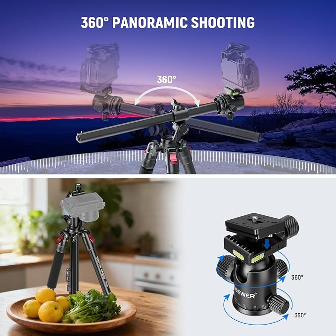 NEEWER Basics 64.5" Horizontal Overhead Tripod with Ball Head/Cell Phone Holder Compatible with iPhone Video Recording, Aluminum Travel Stand Camera Monopod, 360° Pan 180° Tilt 22lb/10kg Load, TP66 - Image 5