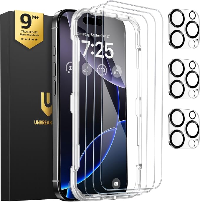 UNBREAKcable iPhone 16 Pro Screen Protector & Camera Lens Protector | Upgraded Dual-Tempered Glass with Military-Grade 9H Hardness, 3-Pack,HD Clarity, Anti-Fingerprint, Case Friendly, Fits 6.3'' by UNBREAKcable