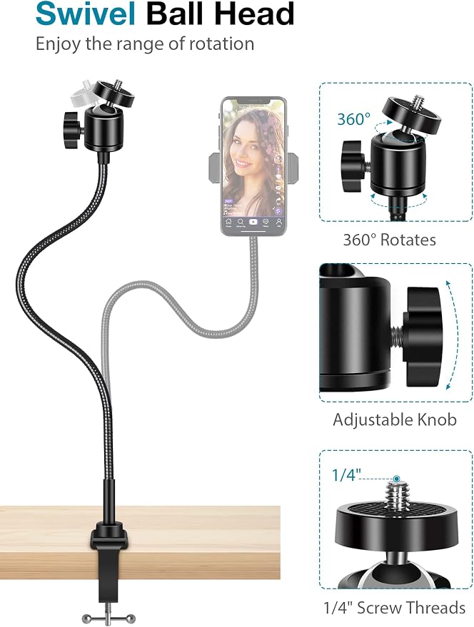 InnoGear Webcam Stand Gooseneck Camera Arm Stands Desk Mount Phone Holder | for Logitech Webcam BRIO 4K C960 C920 C920S C922 C922x C925e C930 C930e C615 NexiGo N60, Quick Setup, Eye Level Positioning - Image 5