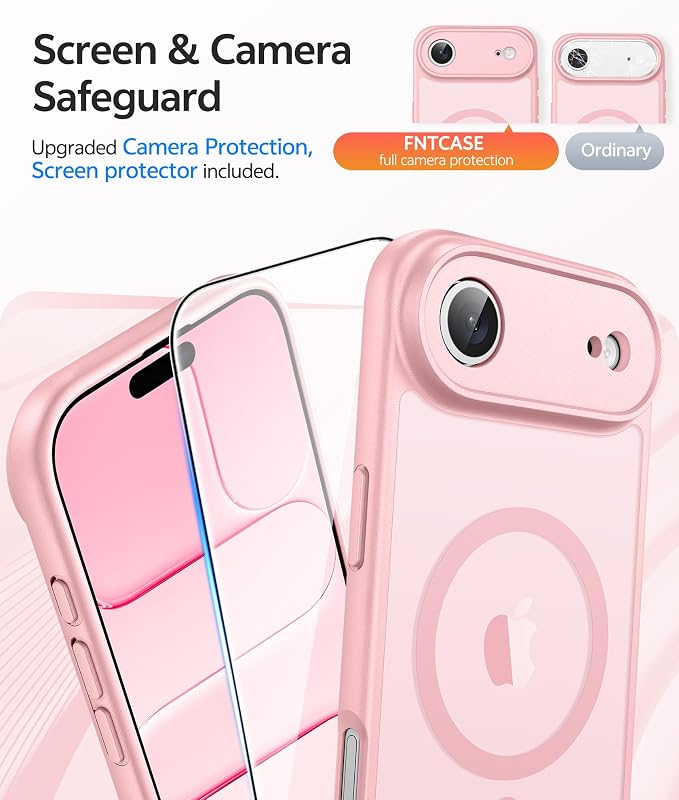 FNTCASE for iPhone Air Case, Fit for Magsafe, with Glass Screen Protector | Full Camera Protection, Translucent Matte, 14FT Military Grade Drop Proof, Shockproof Protective Phone Cover, Light Pink - Image 4
