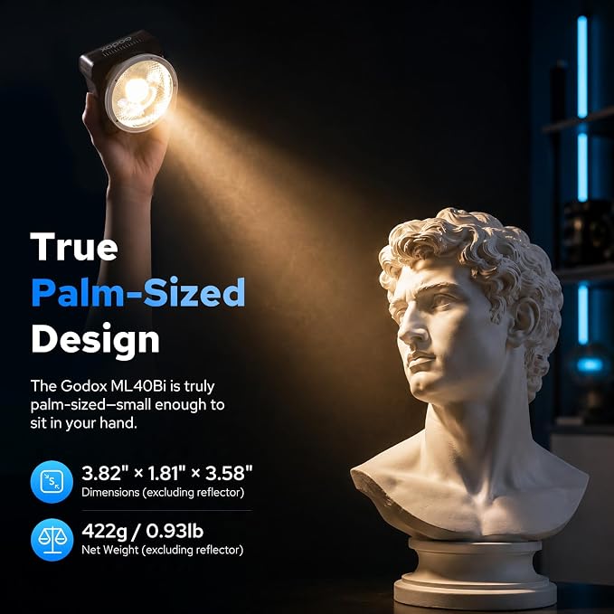 Godox ML40Bi Mini COB Video Light 40W, 26400lux@1m, Handheld Portable Bi-Color COB LED Continuous Output Lighting w/Built-in 4800mAh Battery, CRI/TLCI 96+ 0-100%, 11FX, NFC APP Photography Spotlight - Image 4