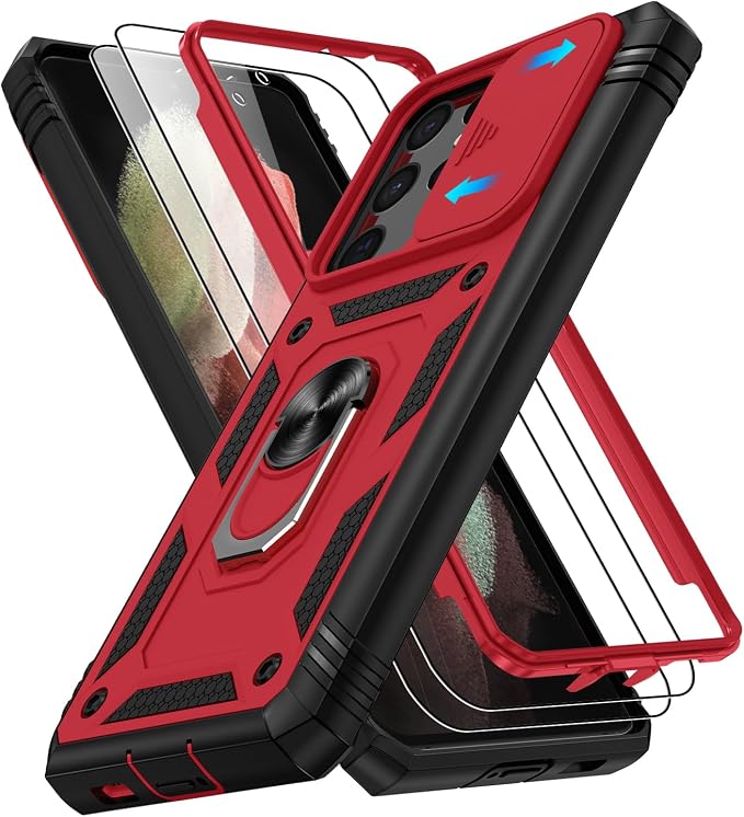 Gritup for Phone Case S21 Ultra: S21 Ultra 5G Phone Case with 2*Screen Protector | Magnetic Stand & Slide Camera Cover | Shock Proof Military-Grade Funda para S 21 Ultra Cover, Red+Black by Gritup