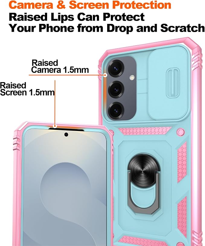 Gritup Fit for Samsung Galaxy S25 Plus Phone Case with Slide Camera Cover | 2 Pack Screen Protector, Build in 360° Rotating Ring Kickstand, Military Grade Shockproof Protective Phone Case, Green+Pink - Image 5