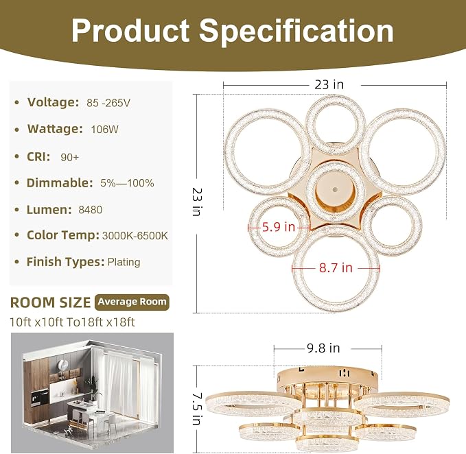 Modern Ceiling Light, 7 Rings 23'' Dimmable LED 106W Flush Mount Ceiling Lights with Remote Acrylic Crystal Round Ceiling Light Fixture, Bedroom Living Room Dining Room, Gold - Image 2