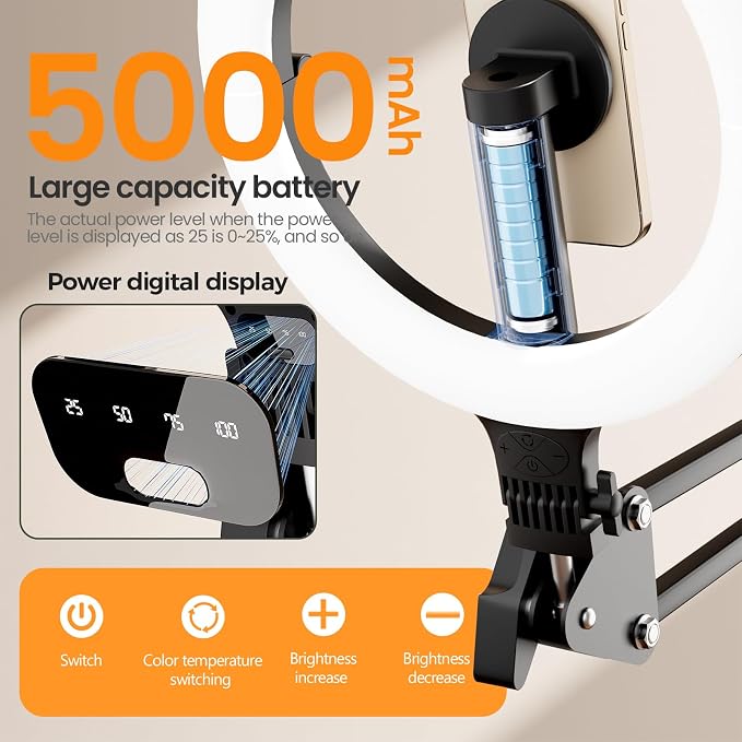 10" Magnetic Ring Light Overhead Camera Phone Mount, XINBAOHONG LED Selfie Light with Stand and Phone Holder, Rechargeable Desk Light for Video Recording - Image 5