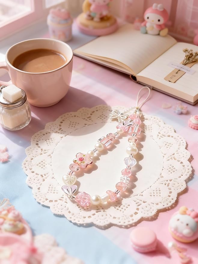 2 Pcs Phone Charm Strap Hand for iPhone Wrist Strap Camera Lanyard Pearl Beaded Cute Chain String Accessories Universal for iPhone 17 Pro Max 16 15 Samsung Women Girls Keychain Bow Flower Blue Flower - Image 4