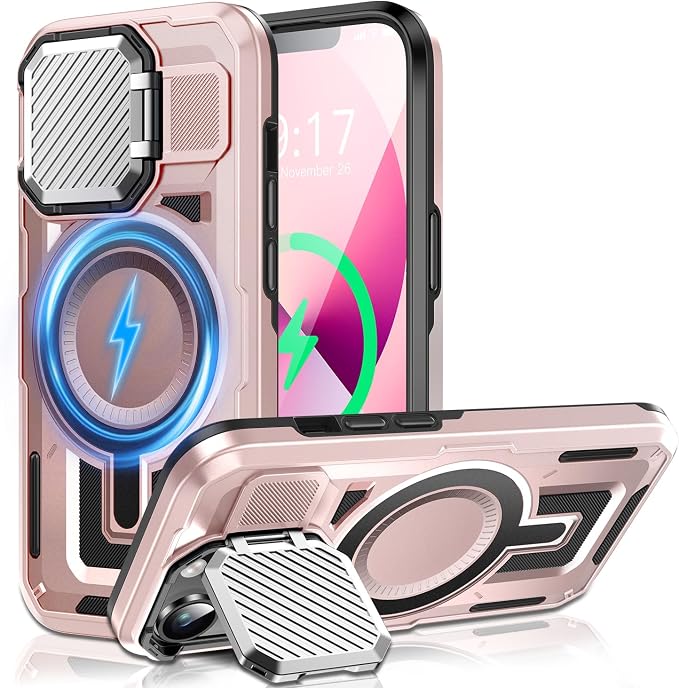 Camera Stand Case for iPhone 13/14, [Compatible with Mag Safe] [Lens Cover] 2024 Version Military Grade Protective Soft Case for iPhone 13/14 6.1 inch Men Women, Pink by WASTROYAL