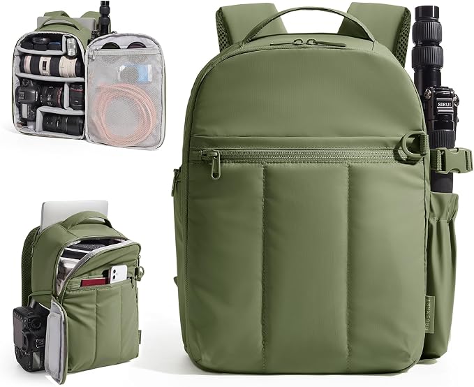 BAGSMART Small Camera Backpack for Women with Laptop Compartment, Green | Puffy Camera Bags for Photographers, DSLR/SLR/Mirrorless Photography Camera Case, Water-resistant Travel Backpack by BAGSMART