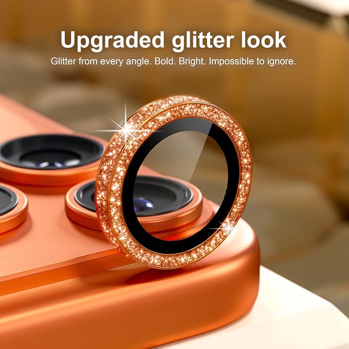 Misea Camera Lens Protector for iPhone 17 Pro Max/17 Pro, Orange Glitter | Bling Upgraded Look, 9H Tempered Glass Individual Metal Camera Cover, Anti-Scratch, for iPhone 17/16/15/14 Pro Max/Pro - Image 2