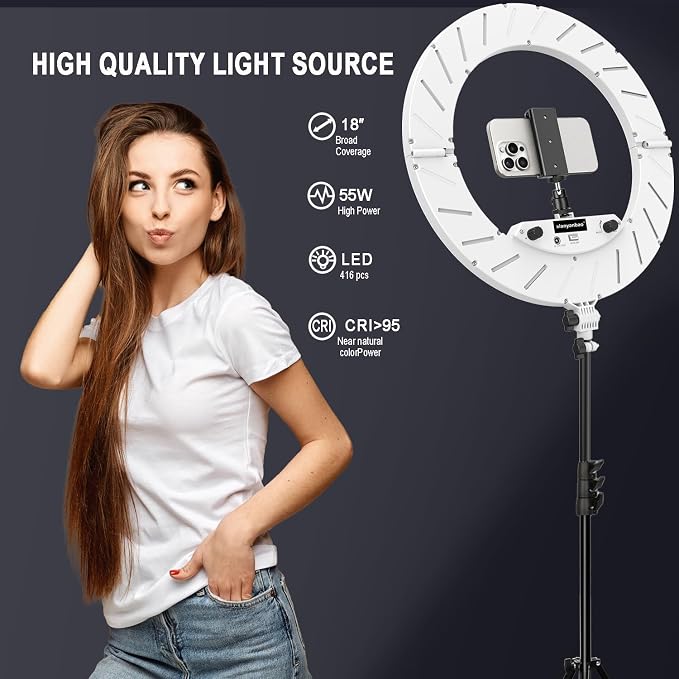 18 Inch Ring Light Kit, 55W Dimmable LED Light, Tripod Stand, Remote Controller,Box,CRI95(White) - Image 2