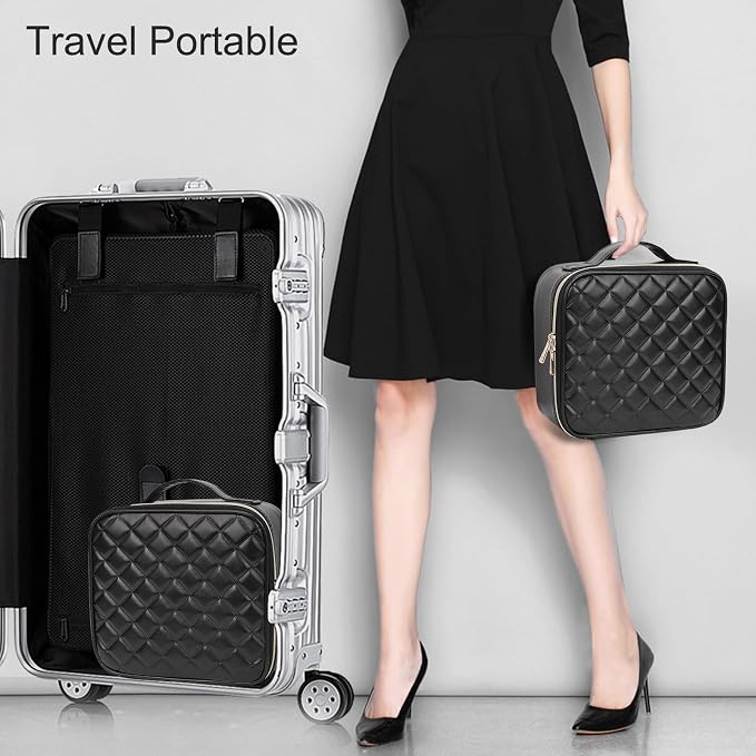 Relavel Makeup Bag, Travel Cosmetic Train Case Organizer Portable Artist Storage Bag with Adjustable Dividers for Cosmetics Makeup Brushes Toiletry Jewelry Digital Accessories Quilted Leather Black - Image 7