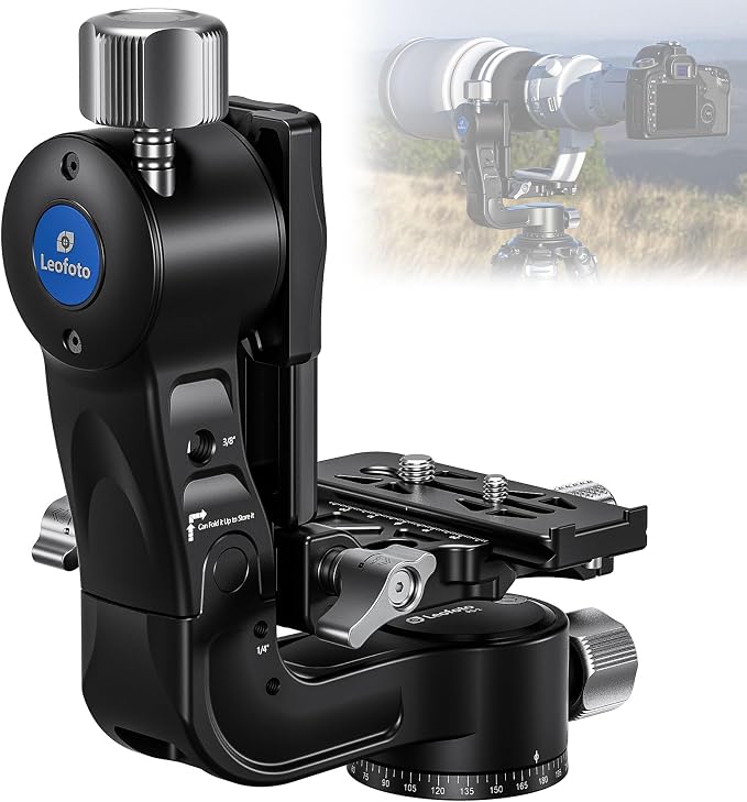 Leofoto Camera Gimbal Head, Aluminum Folding Gimbal Head with 3/8"-16 Hole and 1/4"-20 Threaded for Mounting Tripod/LED Panels/Monitors/Microphones, Max Load to 25kg/55.12lb (PG-2-Black) by TAKINGITFURTHER-LEOFOTO