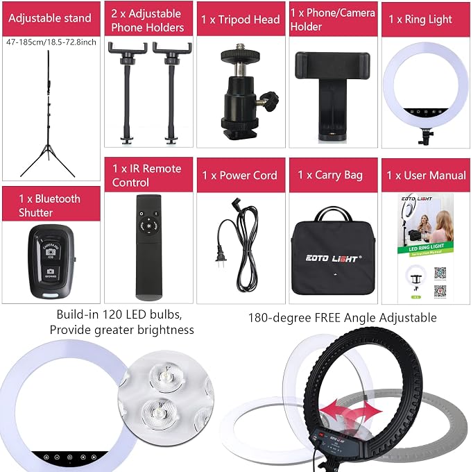 Upgraded 18 inch LED Ring Light with Tripod Stand, Selfie Ring Light with Touch Panel for Makeup Studio Portrait YouTube Vlog Video Shooting with Carrying Bag and Remote Controller, CRI>90 - Image 5