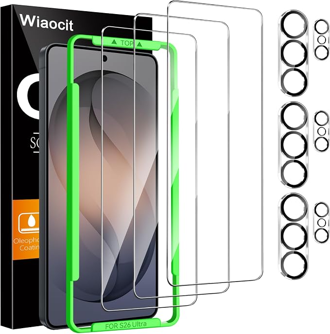 Wiaocit Tempered Glass Screen Protector for Samsung Galaxy S26 Ultra | 3+3 Pack, 9H Hardness, Camera Lens Protector, Installation Frame, Bubble Free, Case Friendly by Wiaocit