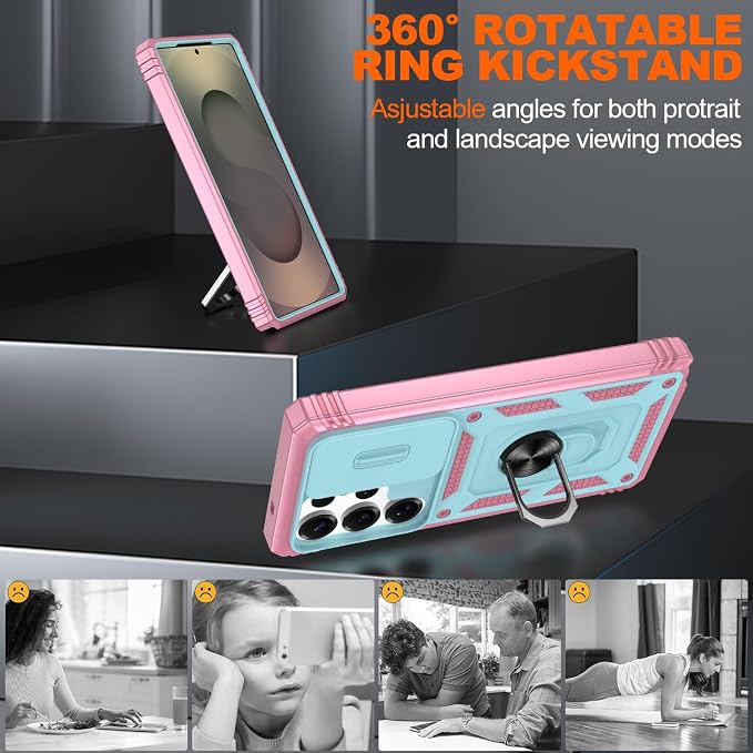 Gritup Fit for Samsung Galaxy S25 Ultra Case with Slide Camera Cover | 2 Pcs Screen Protector, Build in 360° Rotating Ring Kickstand, Military Grade Protective Phone Case, Green+Pink - Image 7