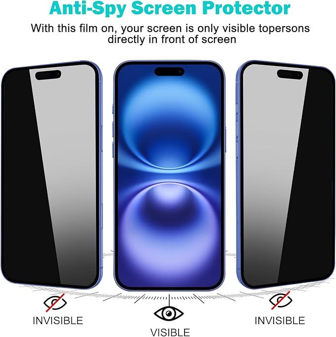 PEHAEL for iPhone 16 Plus Privacy Screen Protector+Camera Lens Protector | 3+3 Pack, Installation Frame, Cleaning kits, Anti-Spy Private, Anti-Scratch, 9H Tempered Glass, Case Friendly, [6.7 inch] - Image 4