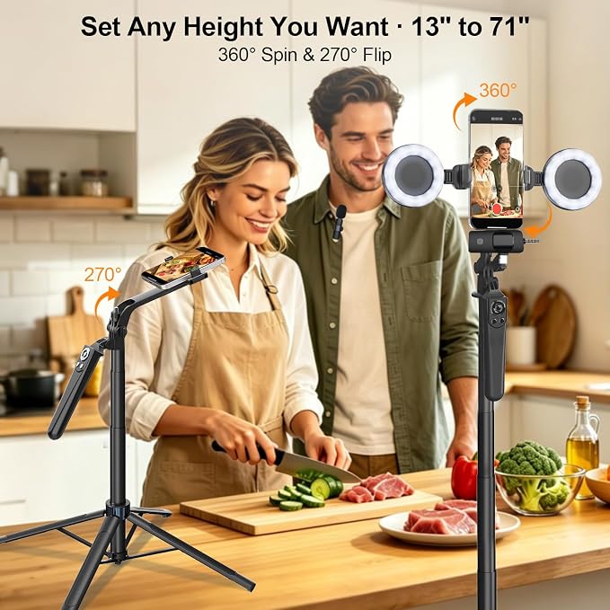 Content Creator Essentials Vlogging Kit for iPhone, Tripod & Wireless Mic | 71" Tripod with light, remote, selfie stick, phone stand. Designed for TikTok, YouTube, video recording - Image 6