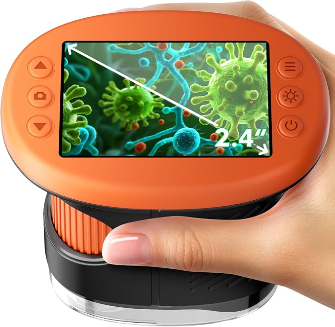 Odatay 2.4" 4K 1000X Digital Kids Microscope with 32G Card 12 Slides Orange | Long distance viewing, portable handheld edu gift toys for age 3-12, exploring bugs plants at home classroom & outdoor travel by Odatay