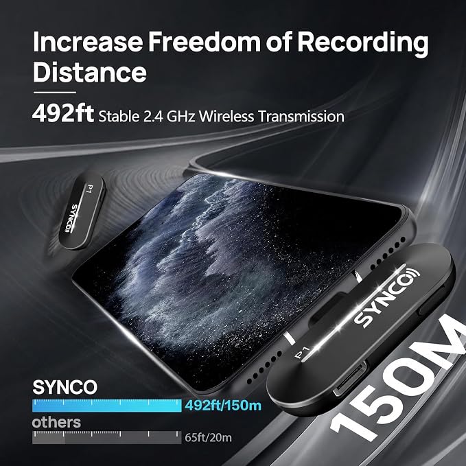 SYNCO Wireless Lavalier Microphone for iPhone 15/16/17, USB-C Wireless Mic with Noise Cancellation, 492ft Range, Real-Time Monitoring, Plug & Play Lapel Mic for TikTok, YouTube, Vlog & Streaming - Image 2