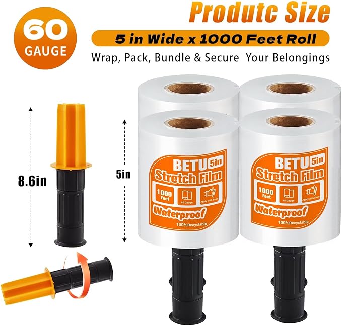 Stretch Film Shrink Wrap for Moving Supplies (5inch, 4 Pack) x 1000ft, Industrial Strength Plastic Wrap Stretch Roll for Pallet Wrapping Shipping Moving Boxes Storage Furniture with Handles, Clear - Image 2