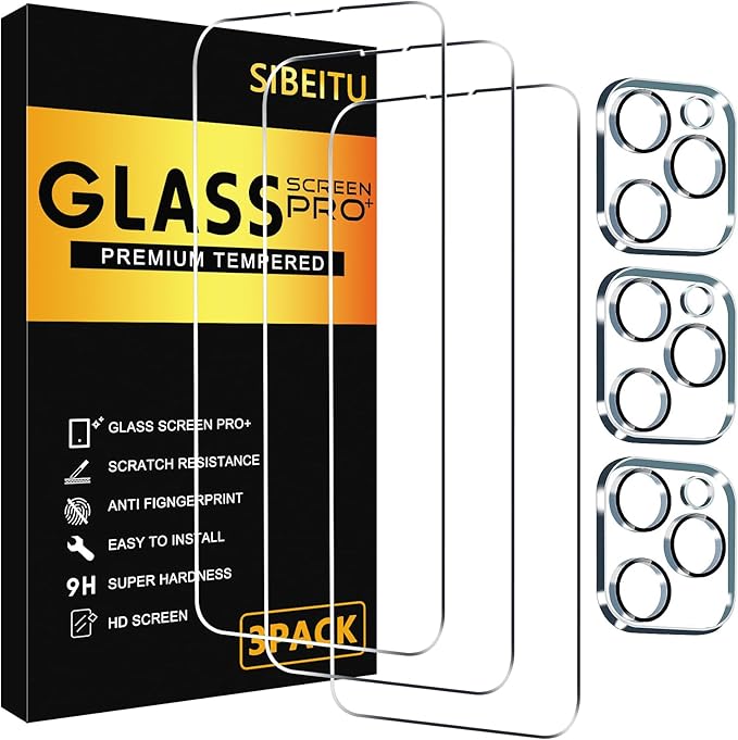 SIBEITU Screen Protector for iPhone 14 Pro Max 6.7 Inch Tempered Glass | 3 Pack Screen + 3 Pack Camera Lens Protector, HD Clear 9H Hardness, Scratch Resistant, Sensor Protection, Case Friendly by SIBEITU