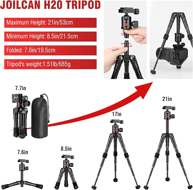JOILCAN Aluminum Mini Tripod, 21" Desktop Tripod with 360° Ball Head | Portable Travel Tripods for DSLR Camera Phone, Load up to 13lb, Phone Holder and Remote Included - Image 4