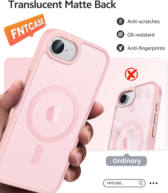 FNTCASE for iPhone 17e/ iPhone 16e Case, Fit for Magsafe, Screen Protector | Translucent Matte Magnetic Back, 14FT Military Grade Drop Protection, Shockproof Protective Phone Cover, Light Pink - Image 6