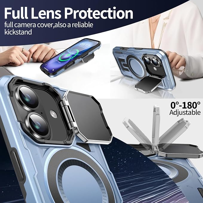 Camera Stand Case for iPhone 16 Plus, [Compatible with Mag Safe] [Lens Cover] 2024 Version Military Grade Protective Soft Case for iPhone 16 Plus 6.7 inch Men Women,Blue - Image 3