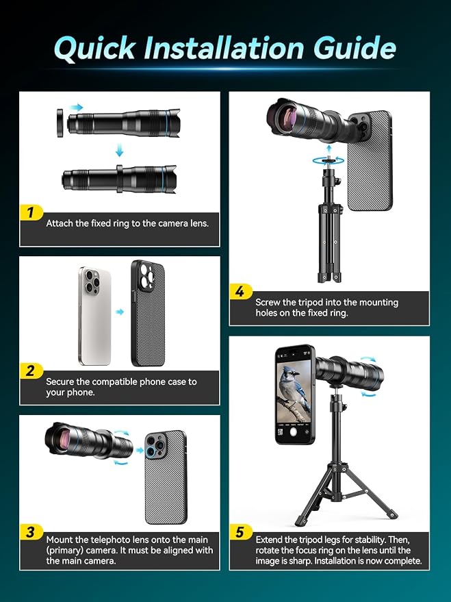 APEXEL 36x Telephoto Lens Compatible with iPhone 15 Pro Max | Photography for Travel, Birdwatching, Exploration | Kit with Sturdy Metal Tripod and Threaded Phone Case - Image 6