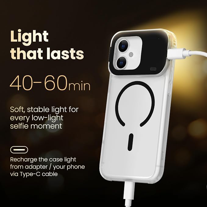 for iPhone 16 Case with Selfie Light, 3 Color Modes (Black) | Compatible with MagSafe,Brightness Control, Memory Setting, USB-C Light Charging, Cable Included - Image 5