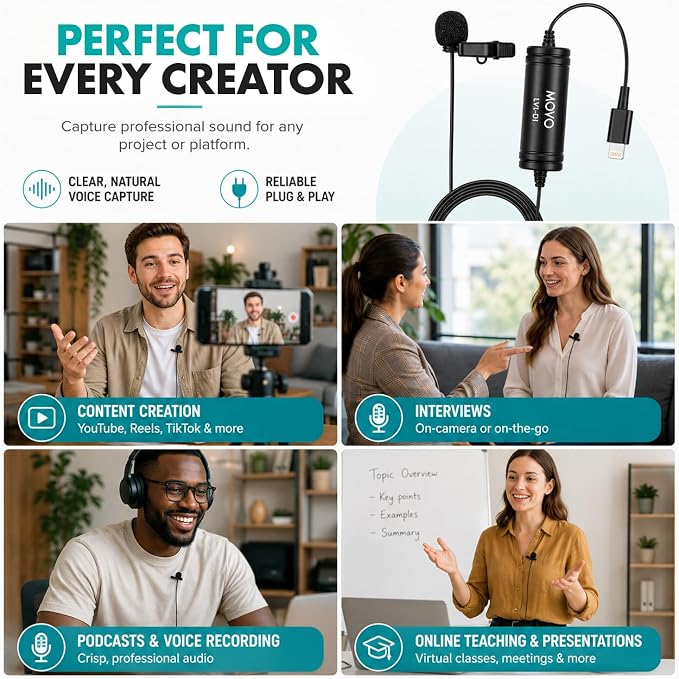 Movo LV1-DI Lavalier Microphone for iPhone & iPad – MFi Certified Lightning Clip-On Mic – 20ft Cable – for YouTube, TikTok, Podcasts, Interviews & Vlogging - Image 3