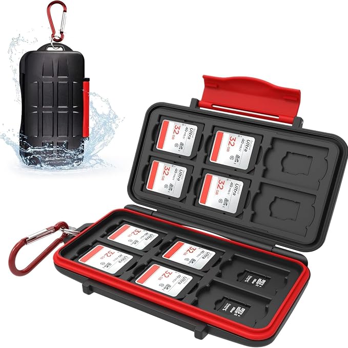 Kiorafoto 24 Slots Memory Card Case for SD Micro SD TF,IPX5 Water-Resistant | Anti-Shock,Memory Card Holder for 12 MicroSD SDXC SDHC TF & 12 SD SDXC SDHC Cards,Hard Shell with Rubber Interior & Carabiner by Kiorafoto